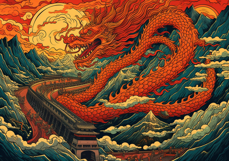 一条赤红的龙围绕在山谷中中国风背景,插画/手绘图,插画/手绘图库,插画/手绘图下载,插画/手绘
